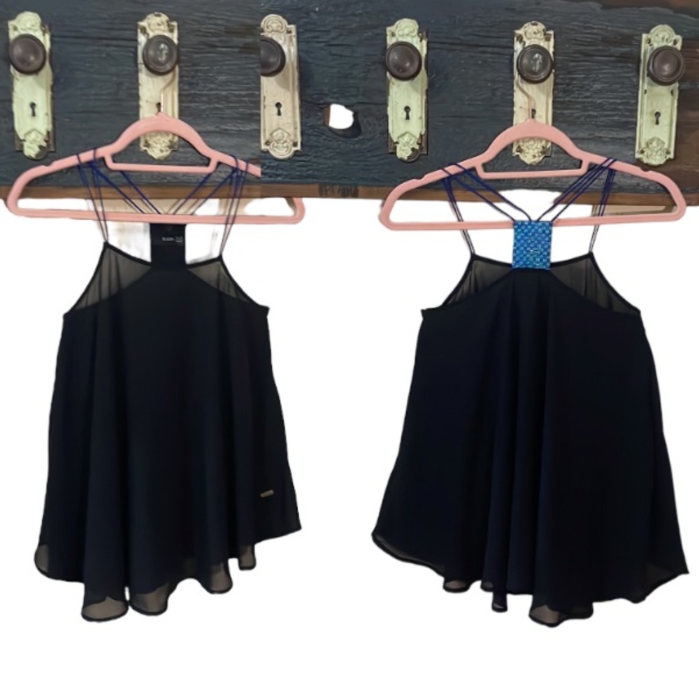 Kazo Black Sheer Double Spaghetti Strap Beaded Back Tank Top Size XXS